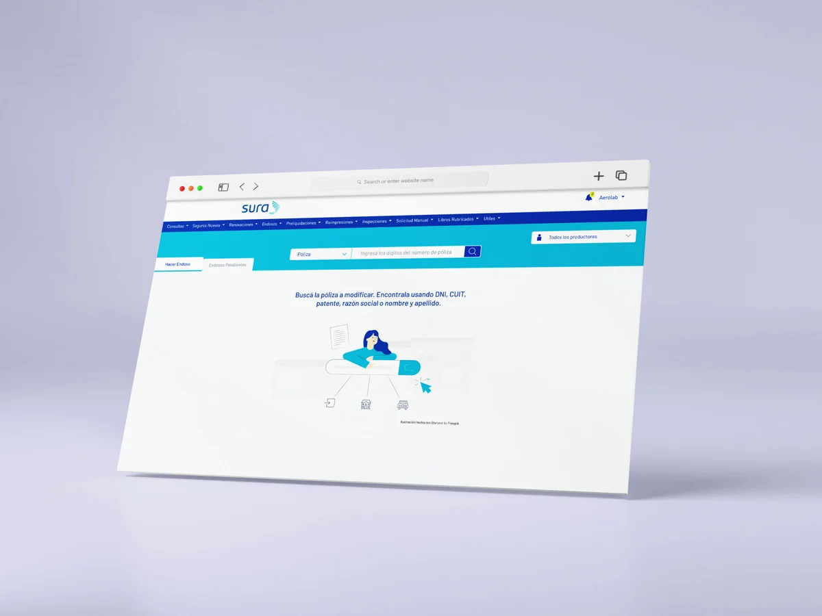 Plataforma de endosos de Seguros Sura en una ventana de navegador